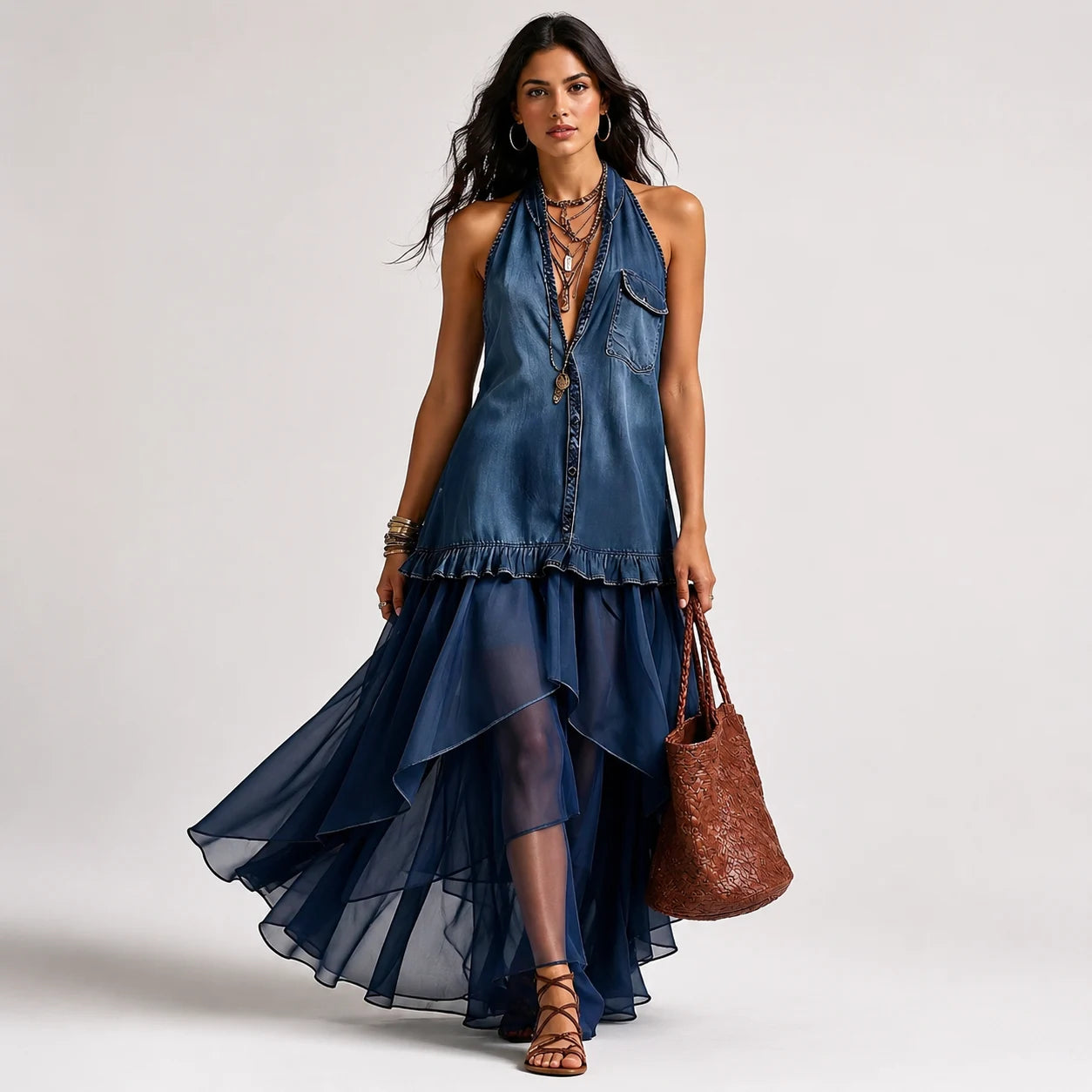 Vestido Boho Denim con Falda Vaporosa