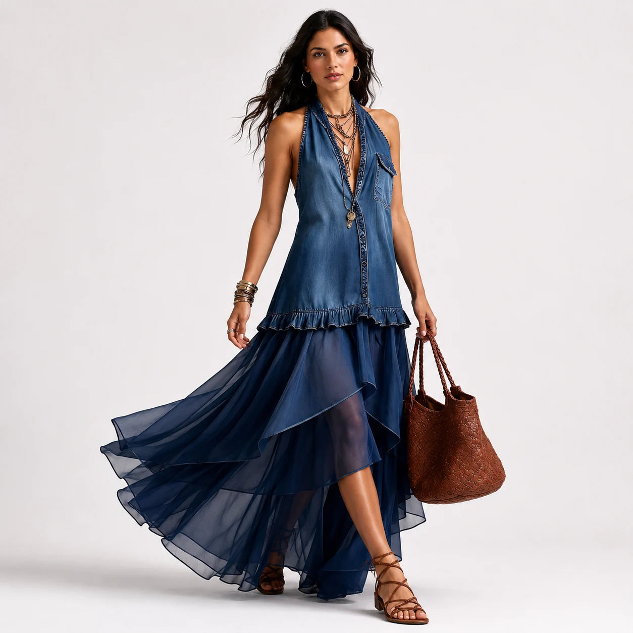 Vestido Boho Denim con Falda Vaporosa