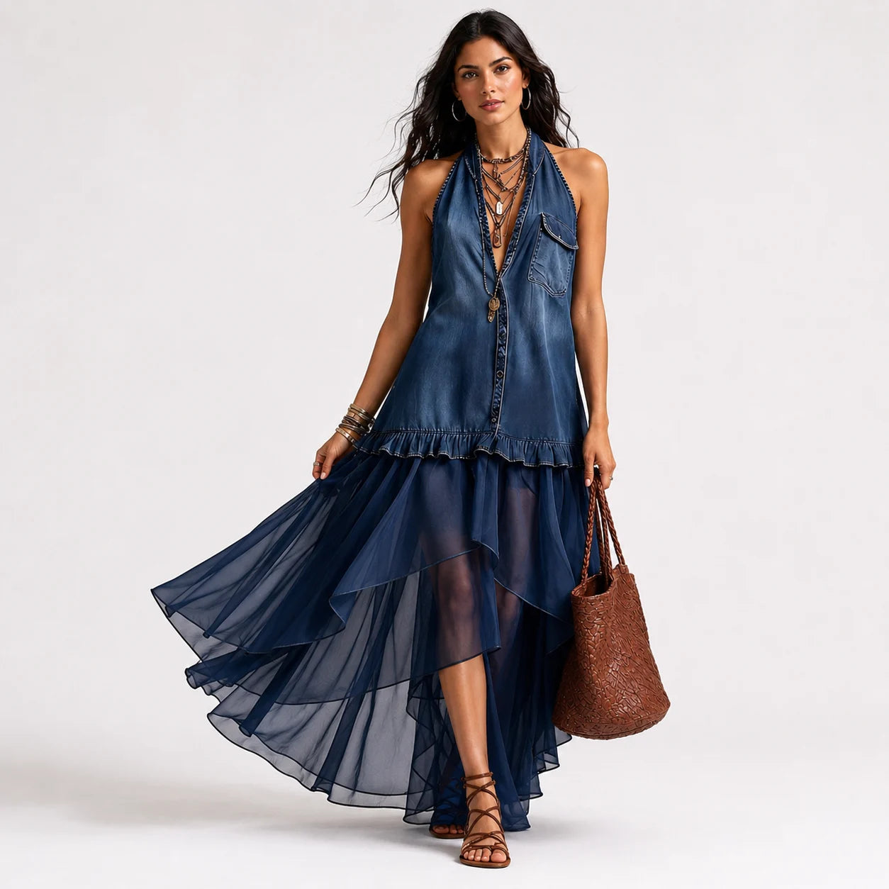 Vestido Boho Denim con Falda Vaporosa