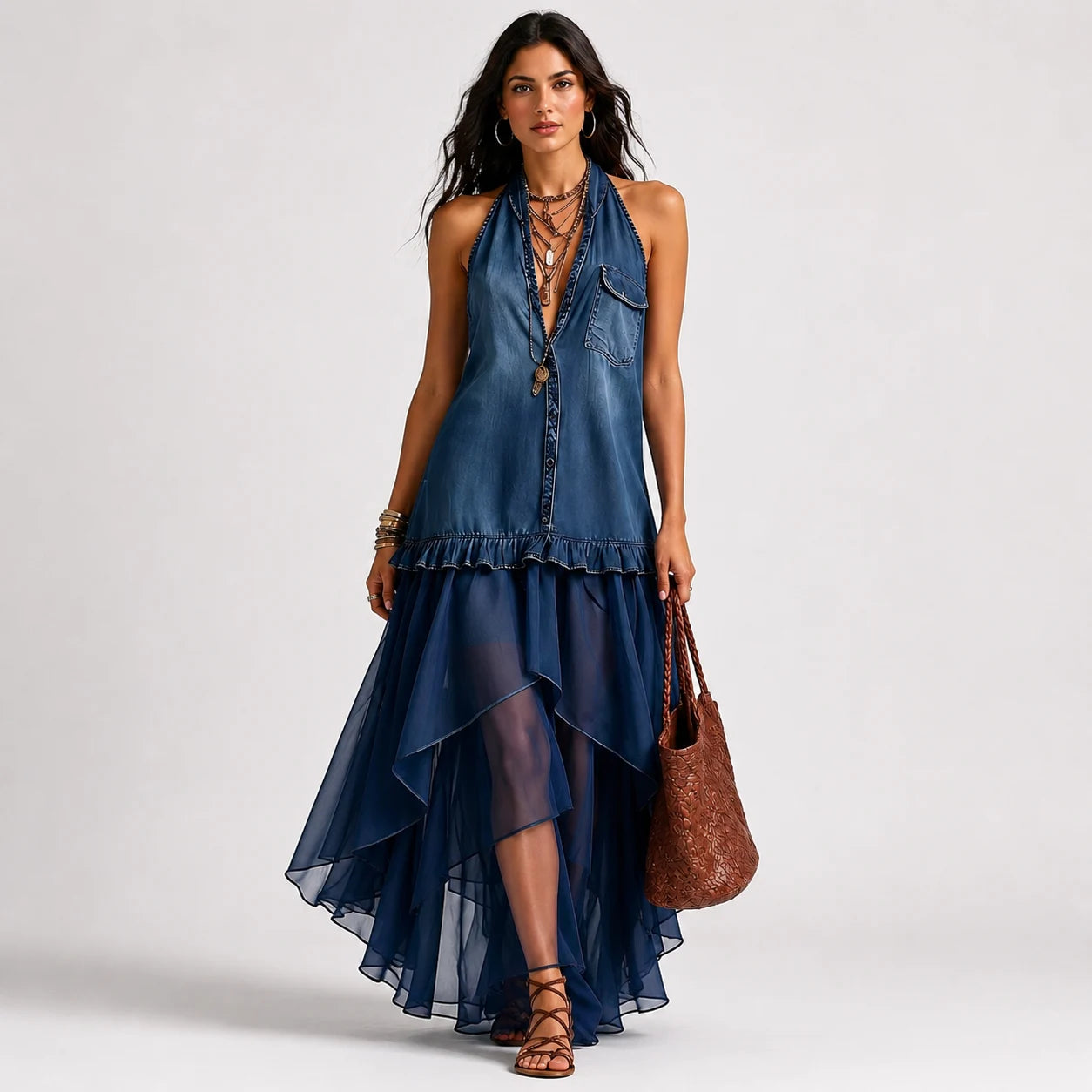 Vestido Boho Denim con Falda Vaporosa