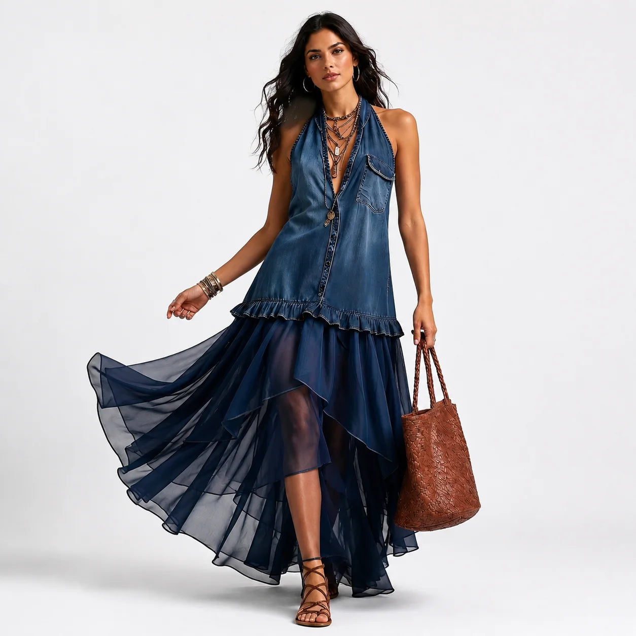Vestido Boho Denim con Falda Vaporosa