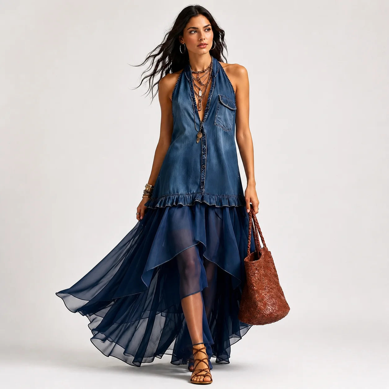 Vestido Boho Denim con Falda Vaporosa