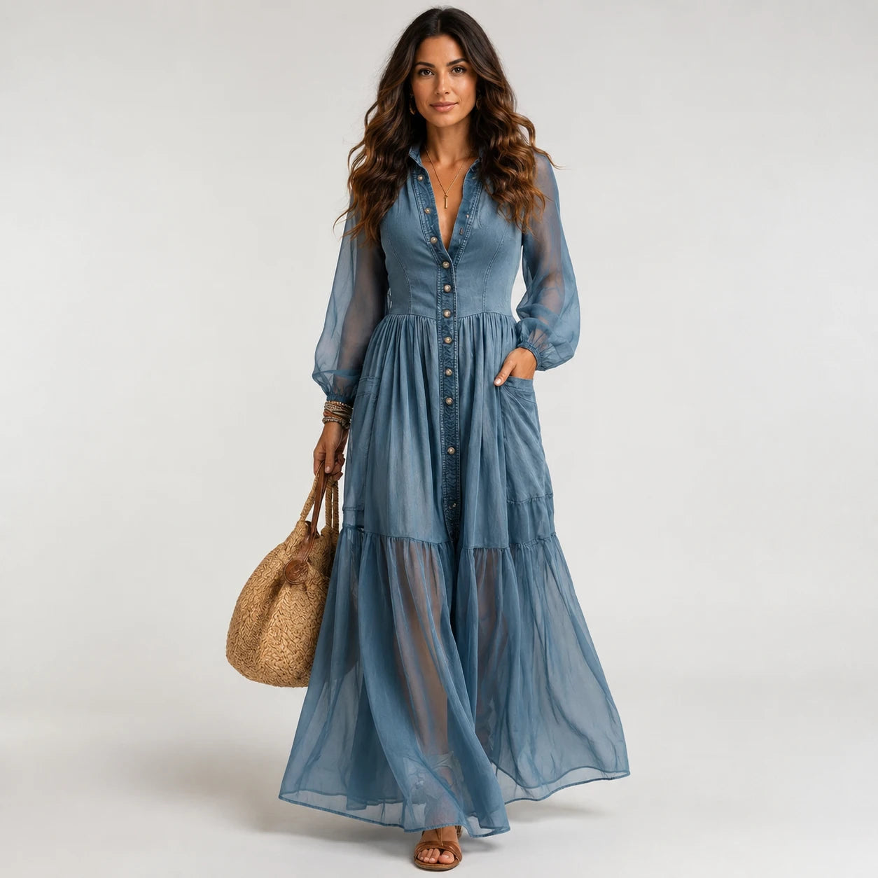Vestido Denim Boho de Corte Elegante