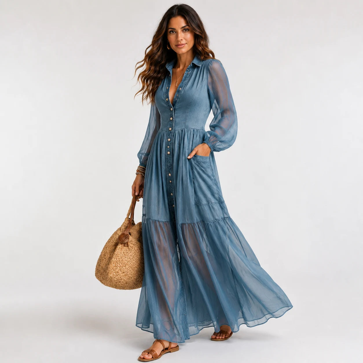 Vestido Denim Boho de Corte Elegante