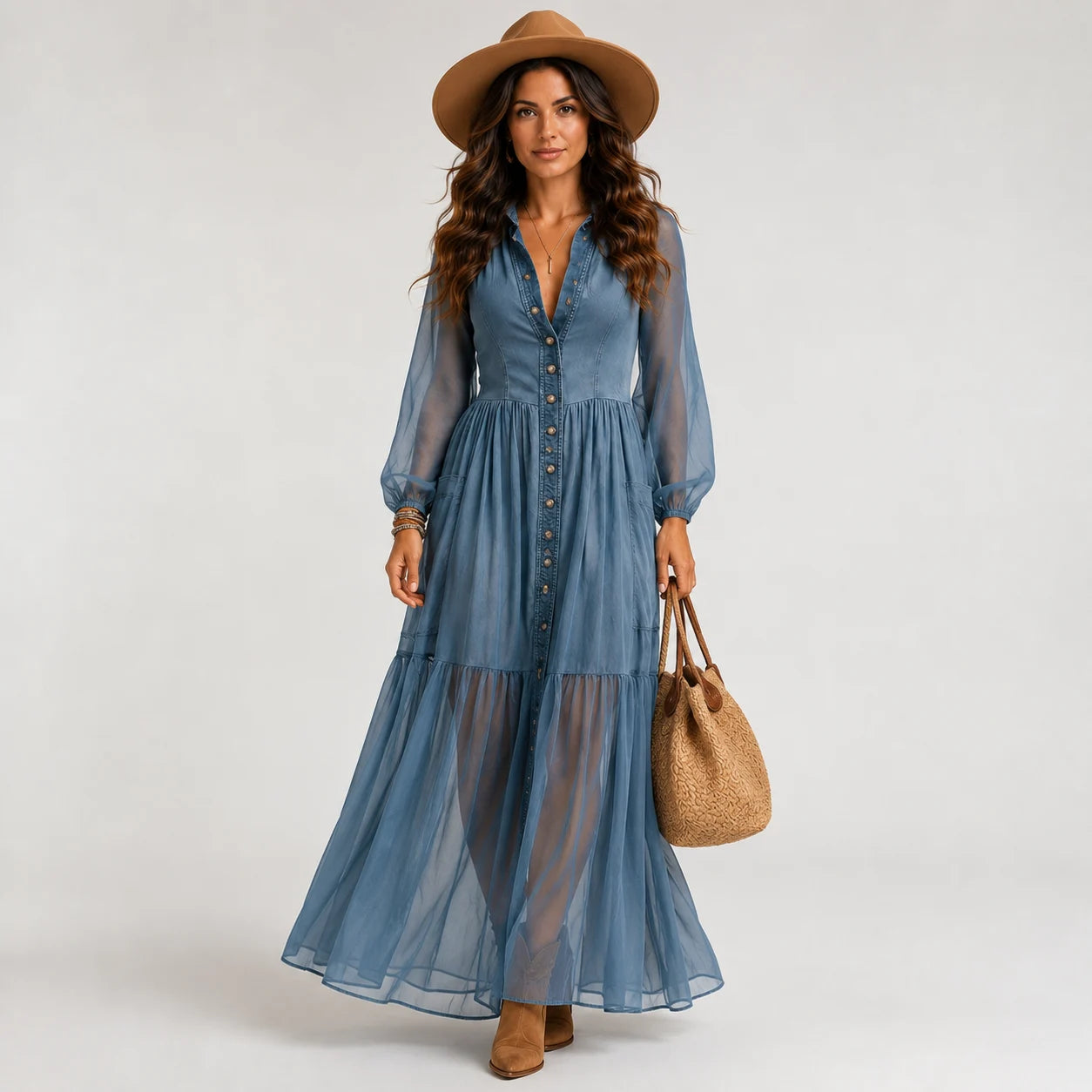 Vestido Denim Boho de Corte Elegante