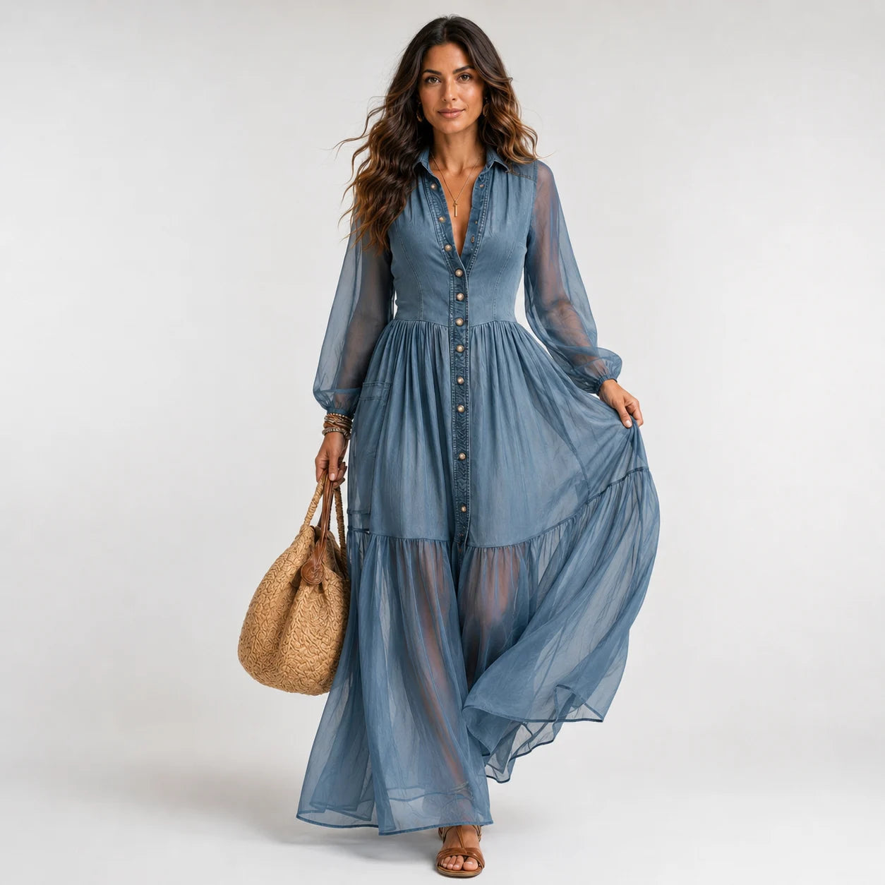 Vestido Denim Boho de Corte Elegante