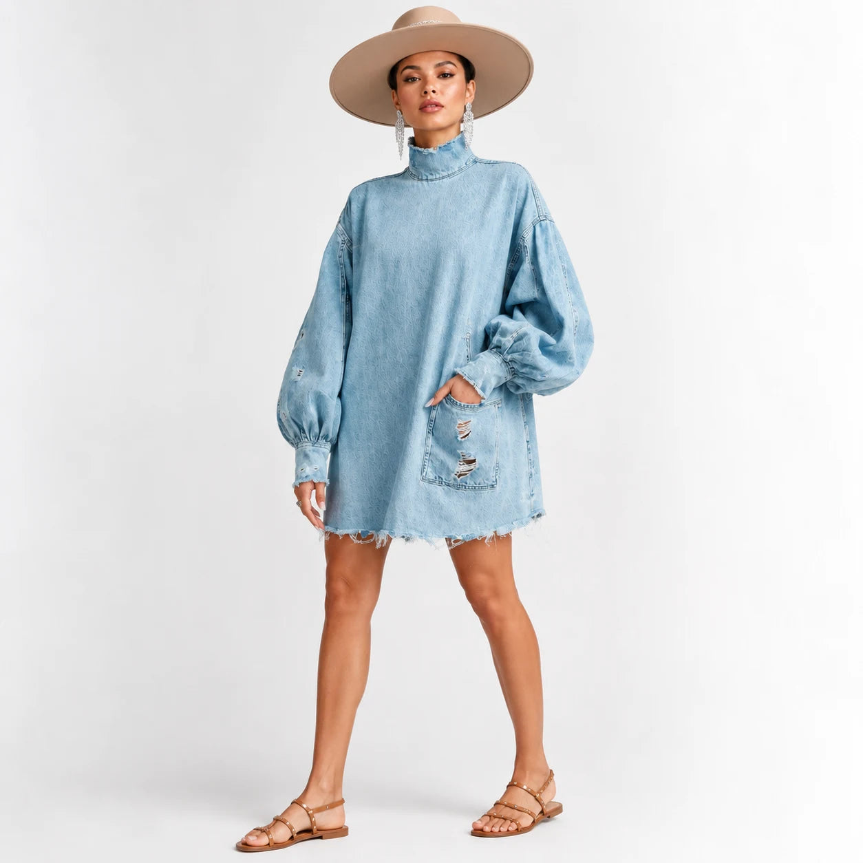 Vestido Denim Oversize de Cuello Alto