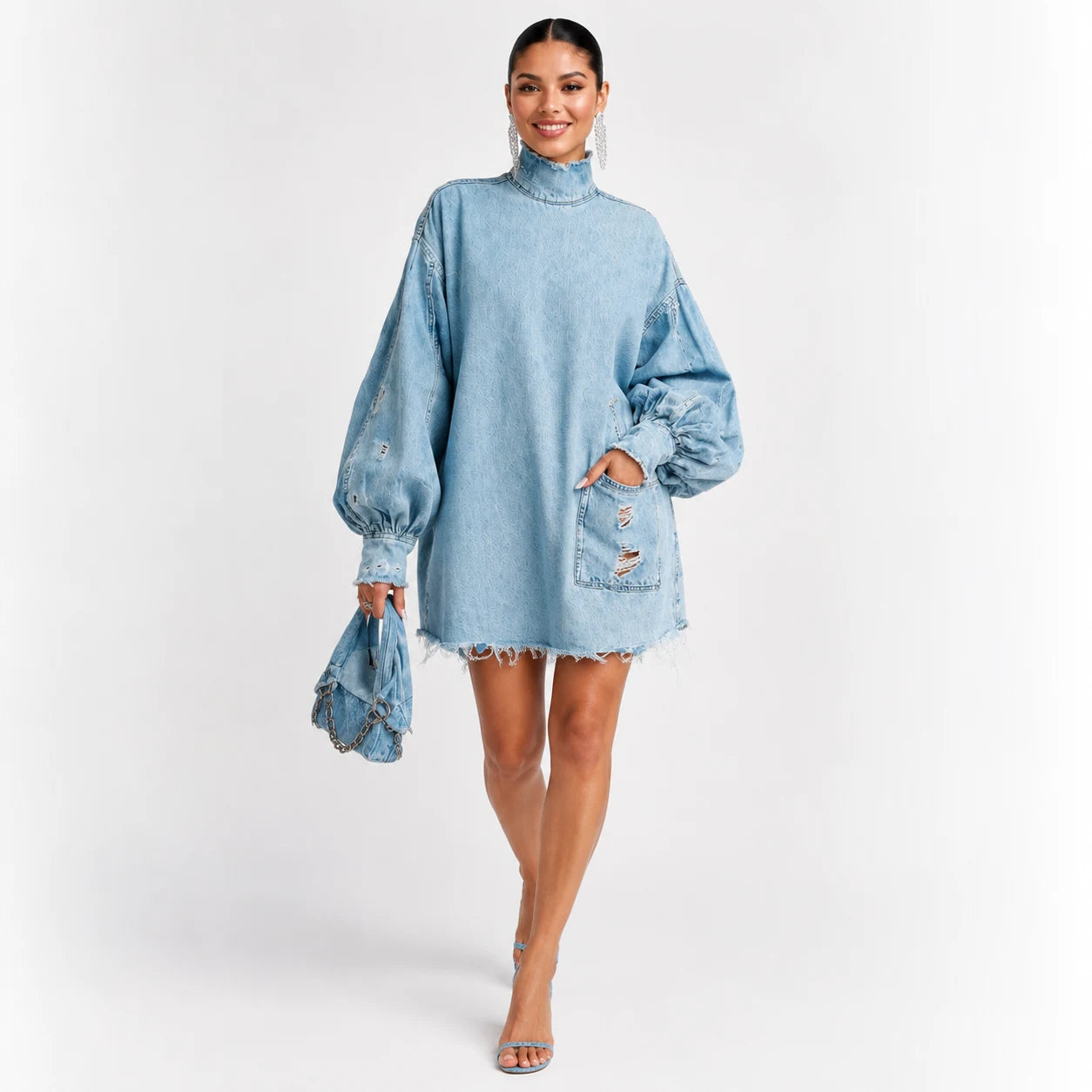 Vestido Denim Oversize de Cuello Alto