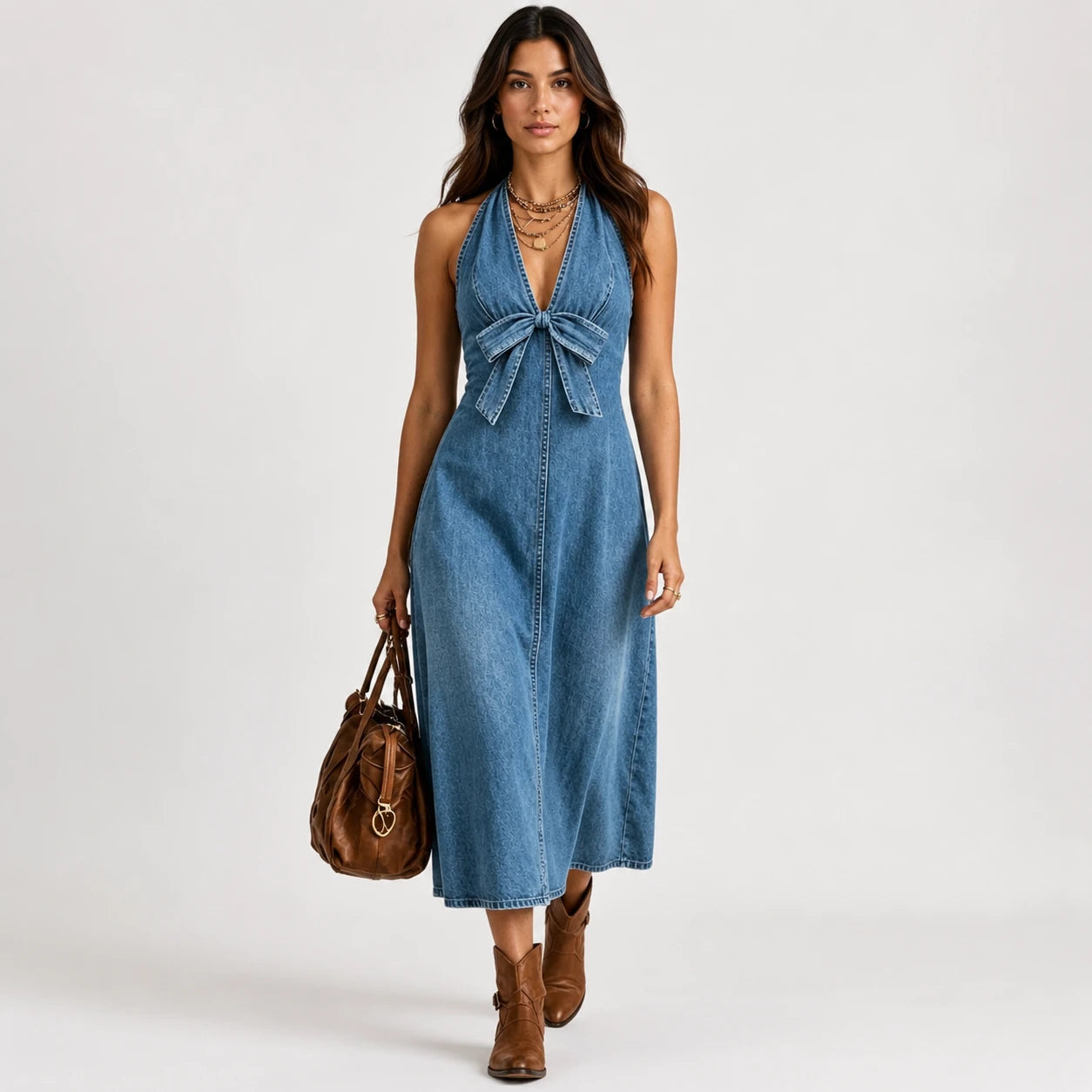 Vestido Largo Denim con Moño Elegante