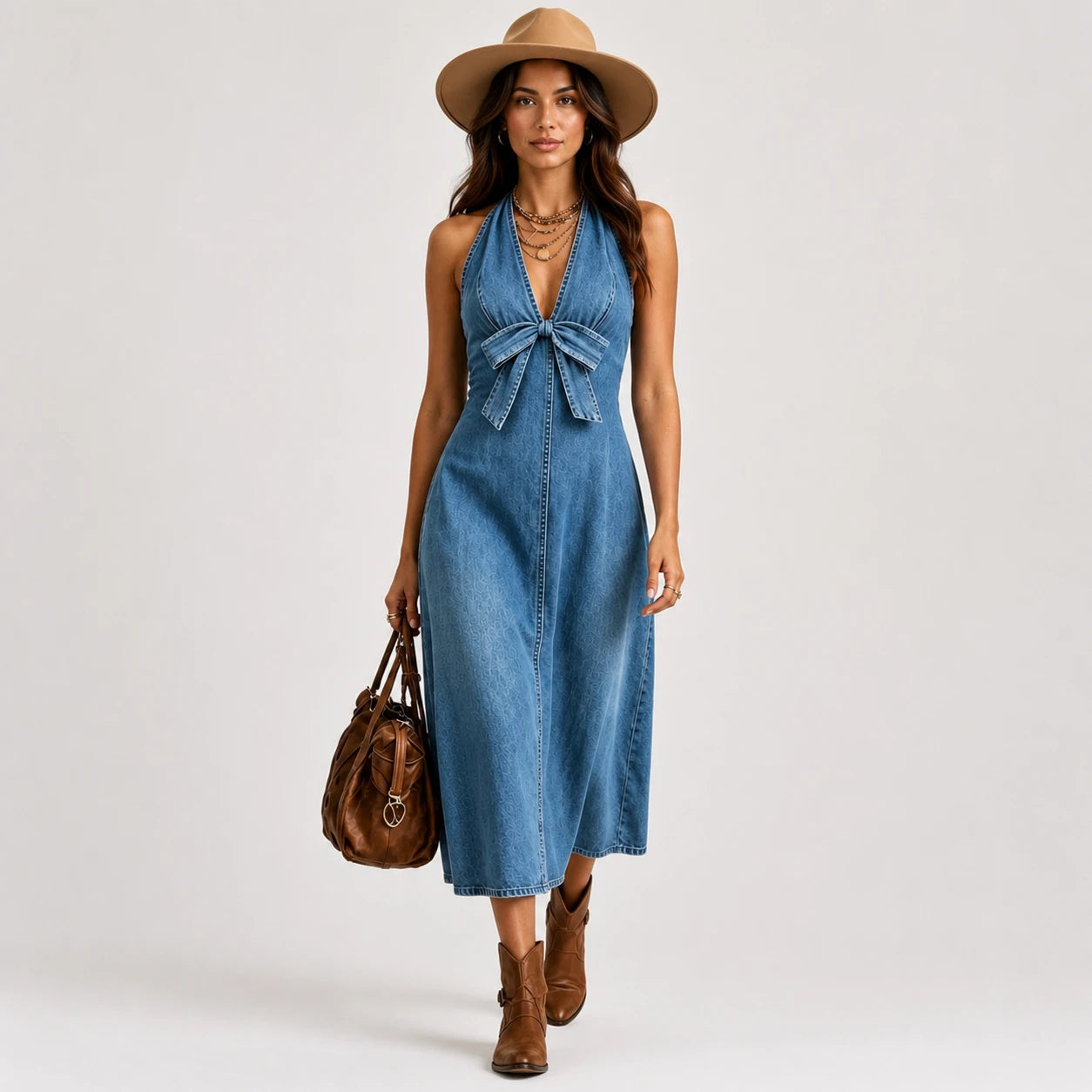 Vestido Largo Denim con Moño Elegante