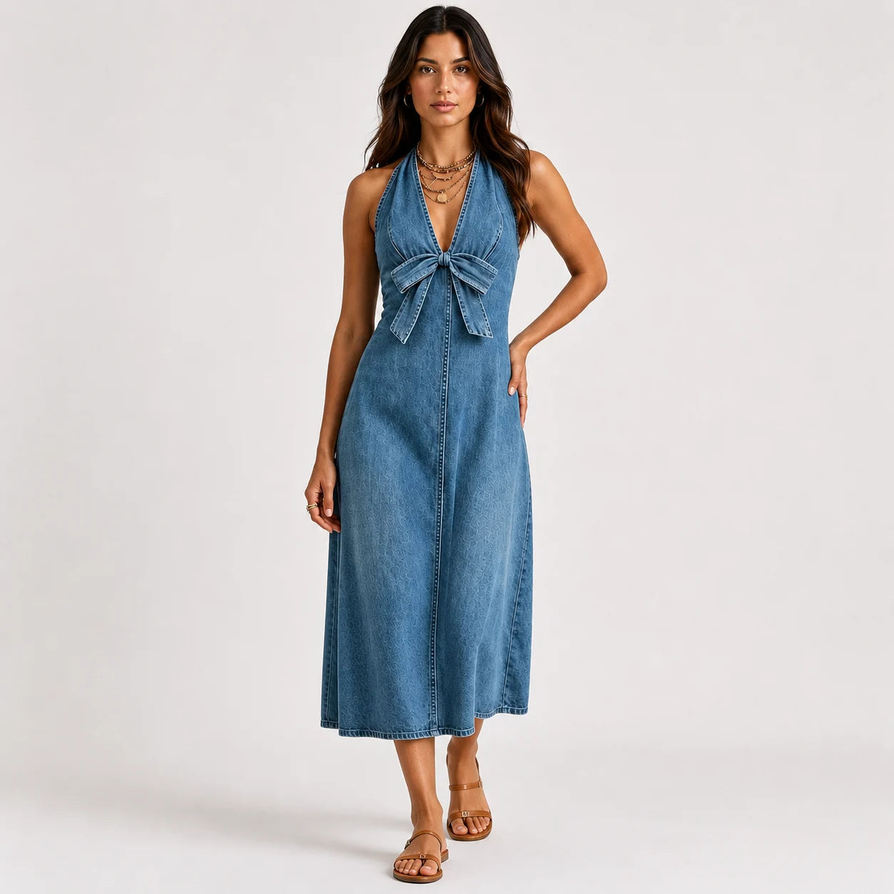 Vestido Largo Denim con Moño Elegante