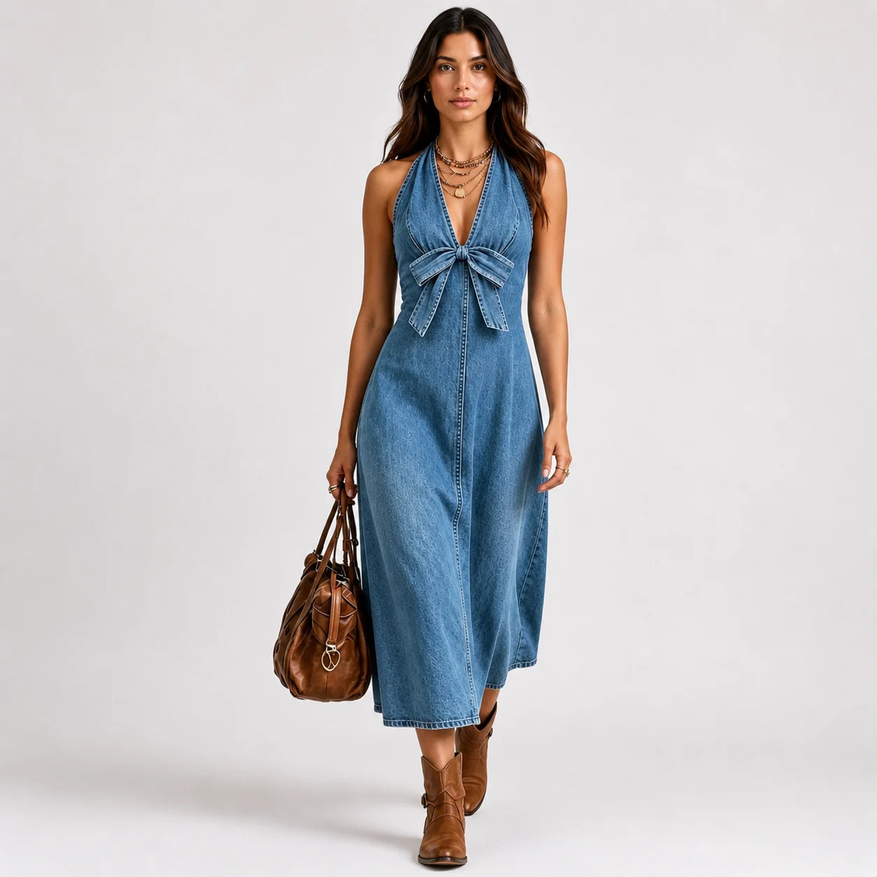 Vestido Largo Denim con Moño Elegante