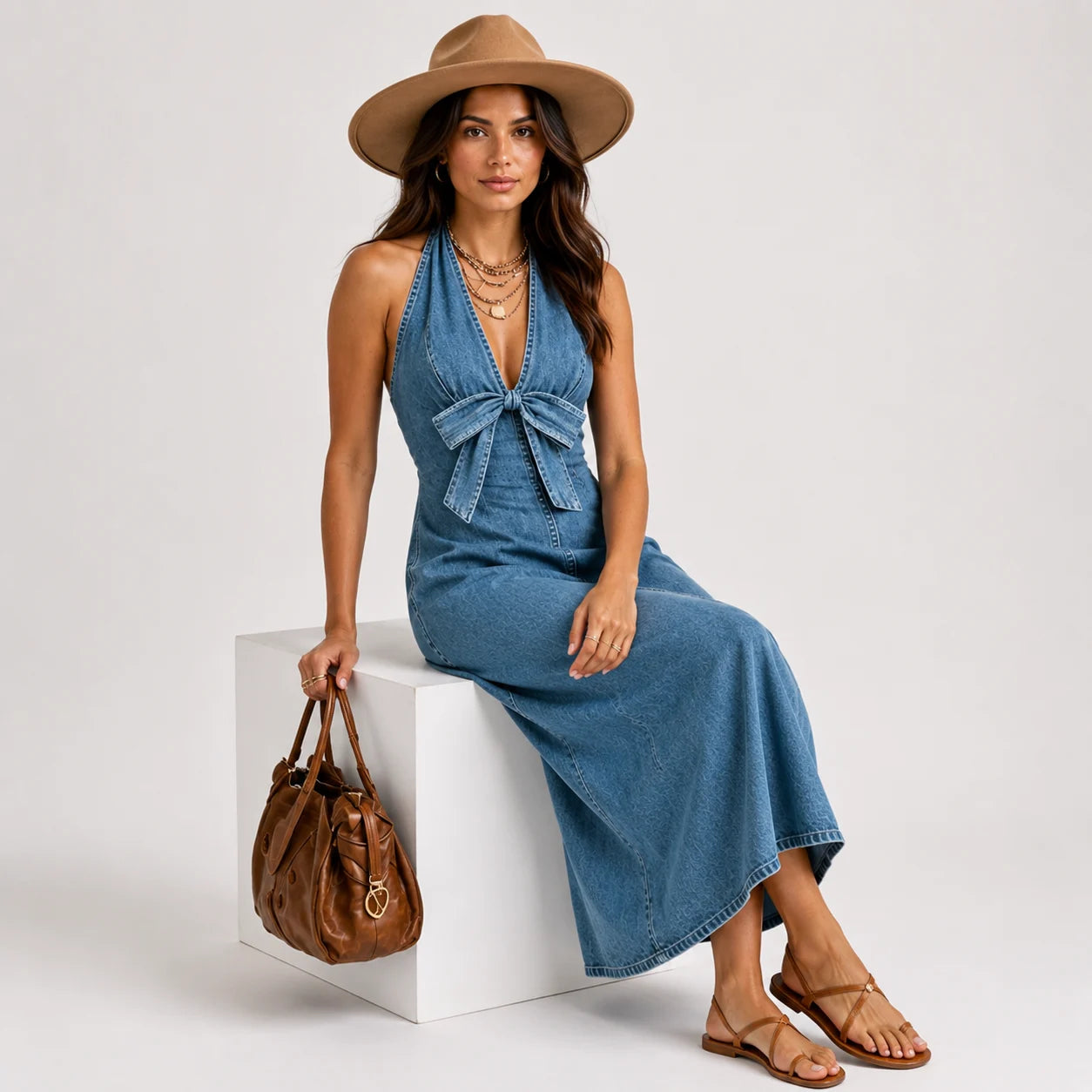 Vestido Largo Denim con Moño Elegante