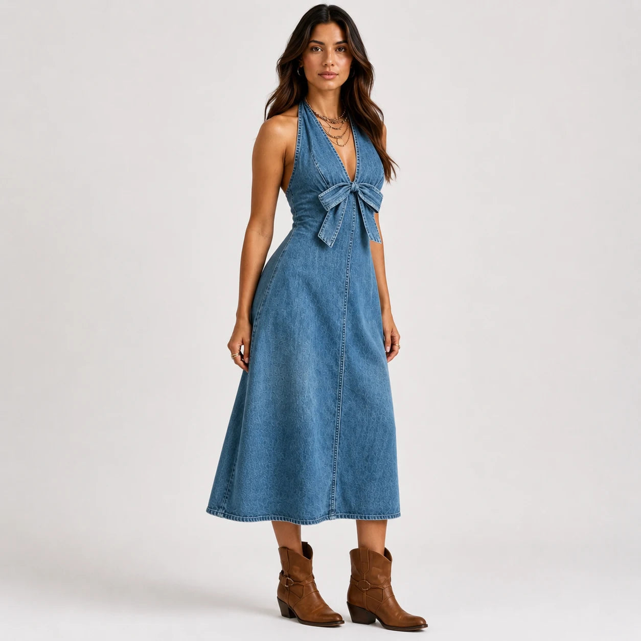 Vestido Largo Denim con Moño Elegante
