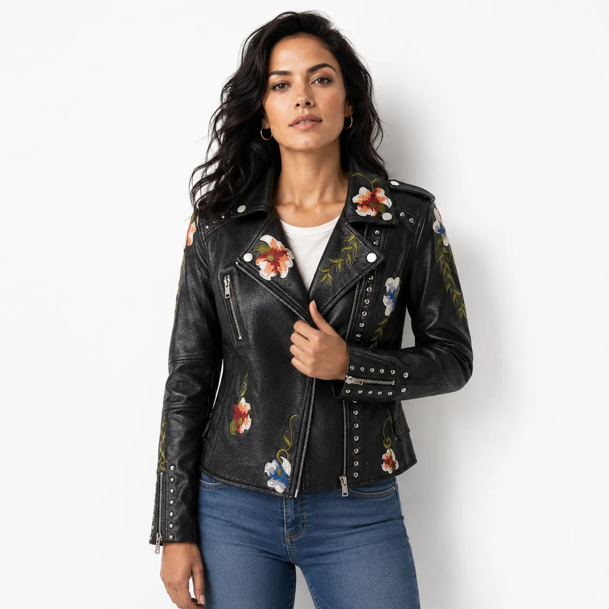 Chamarra Biker Floral Bordada