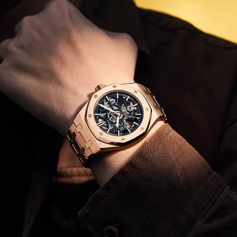 Reloj de lujo automático esqueleto para hombre, de acero inoxidable, luminoso, 30 m