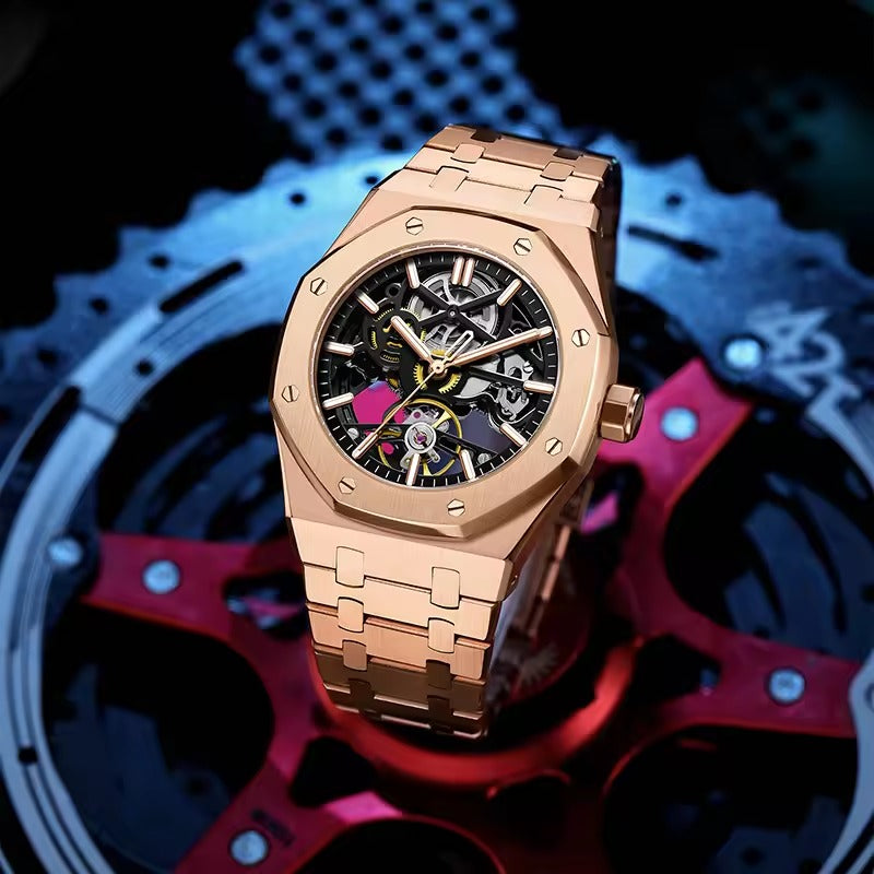 Reloj de lujo automático esqueleto para hombre, de acero inoxidable, luminoso, 30 m