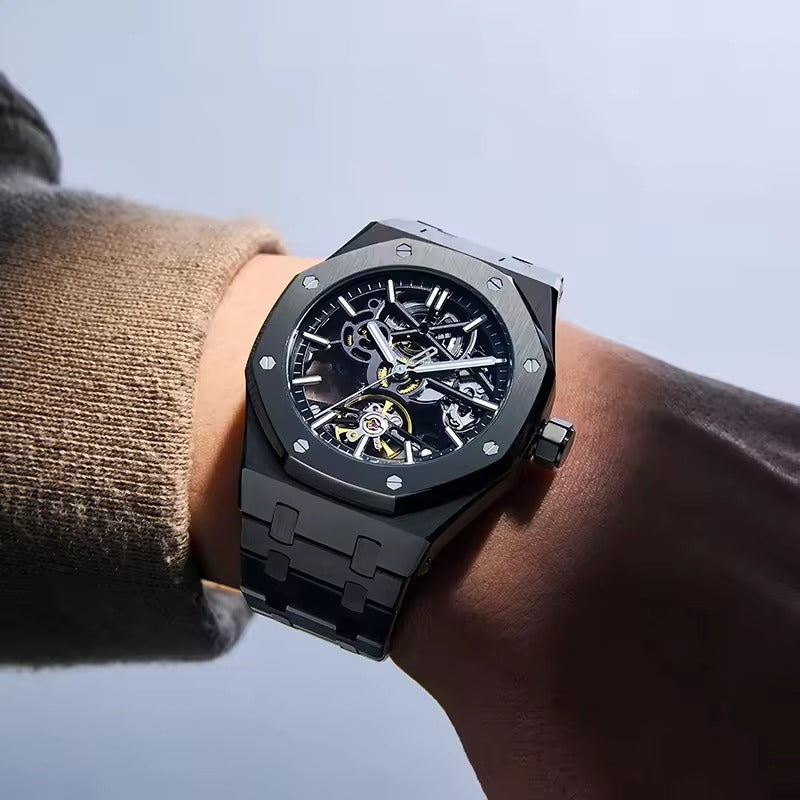 Reloj de lujo automático esqueleto para hombre, de acero inoxidable, luminoso, 30 m