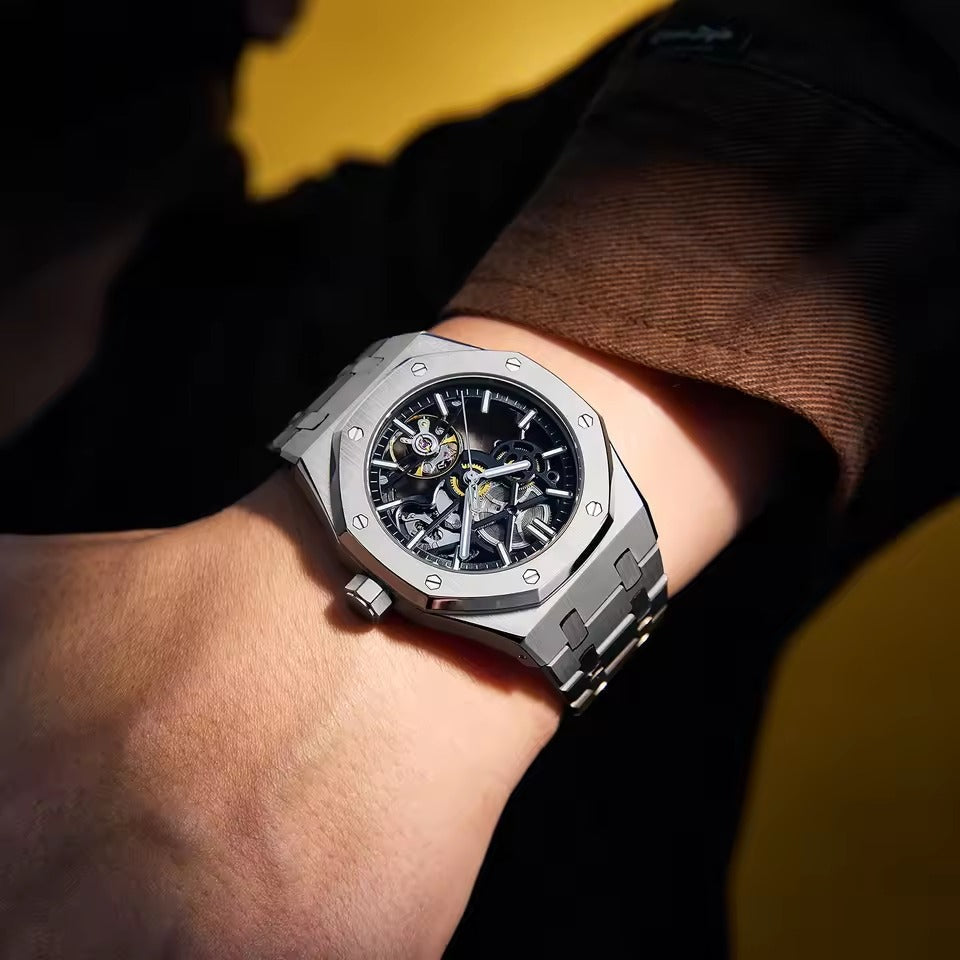 Reloj de lujo automático esqueleto para hombre, de acero inoxidable, luminoso, 30 m