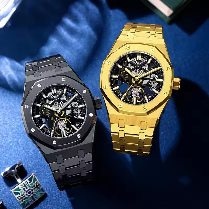 Reloj de lujo automático esqueleto para hombre, de acero inoxidable, luminoso, 30 m