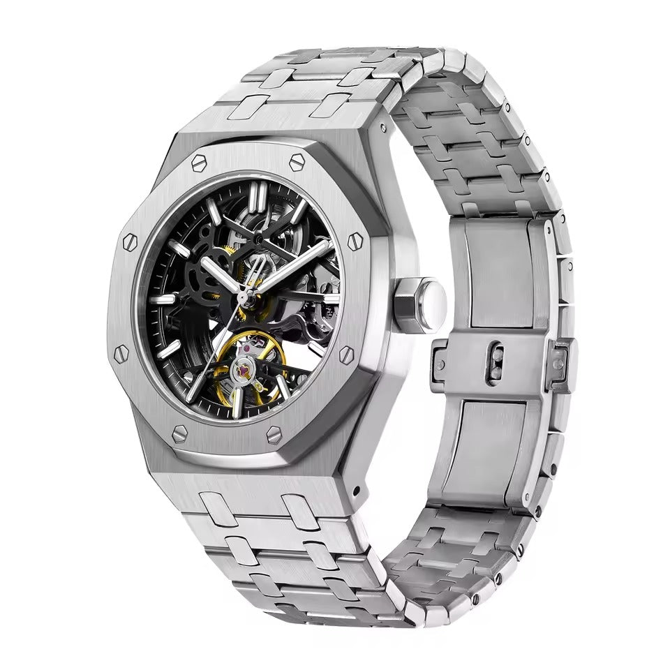 Reloj de lujo automático esqueleto para hombre, de acero inoxidable, luminoso, 30 m