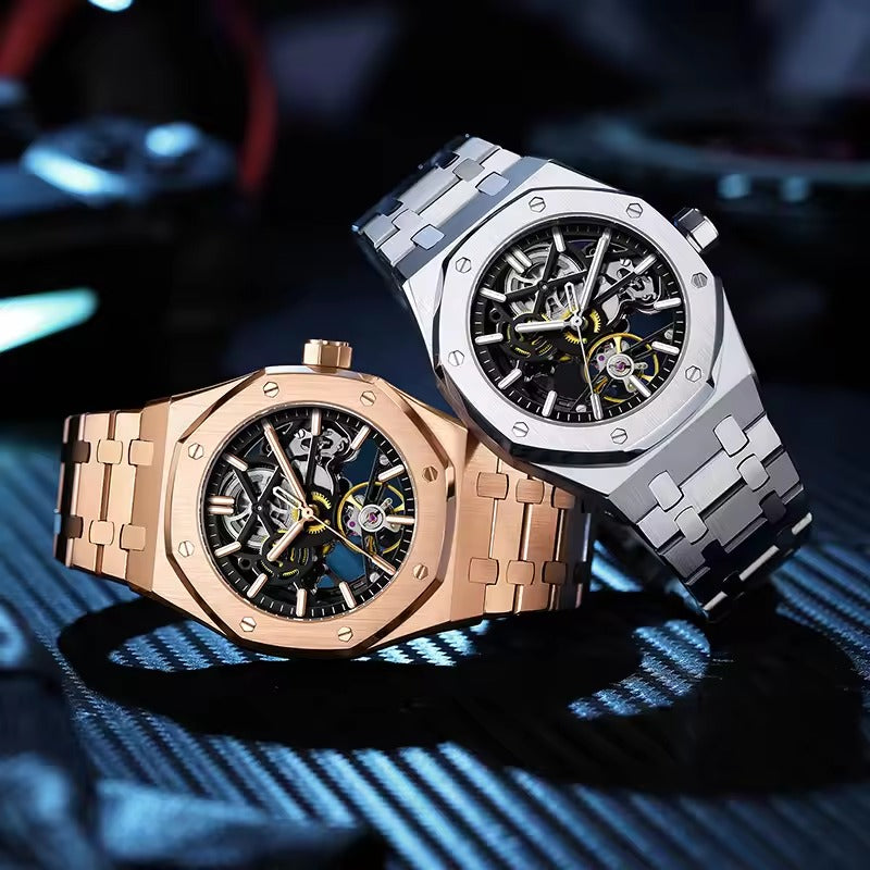 Reloj de lujo automático esqueleto para hombre, de acero inoxidable, luminoso, 30 m