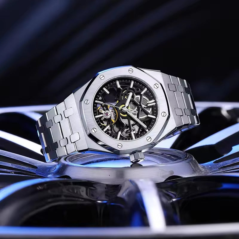 Reloj de lujo automático esqueleto para hombre, de acero inoxidable, luminoso, 30 m