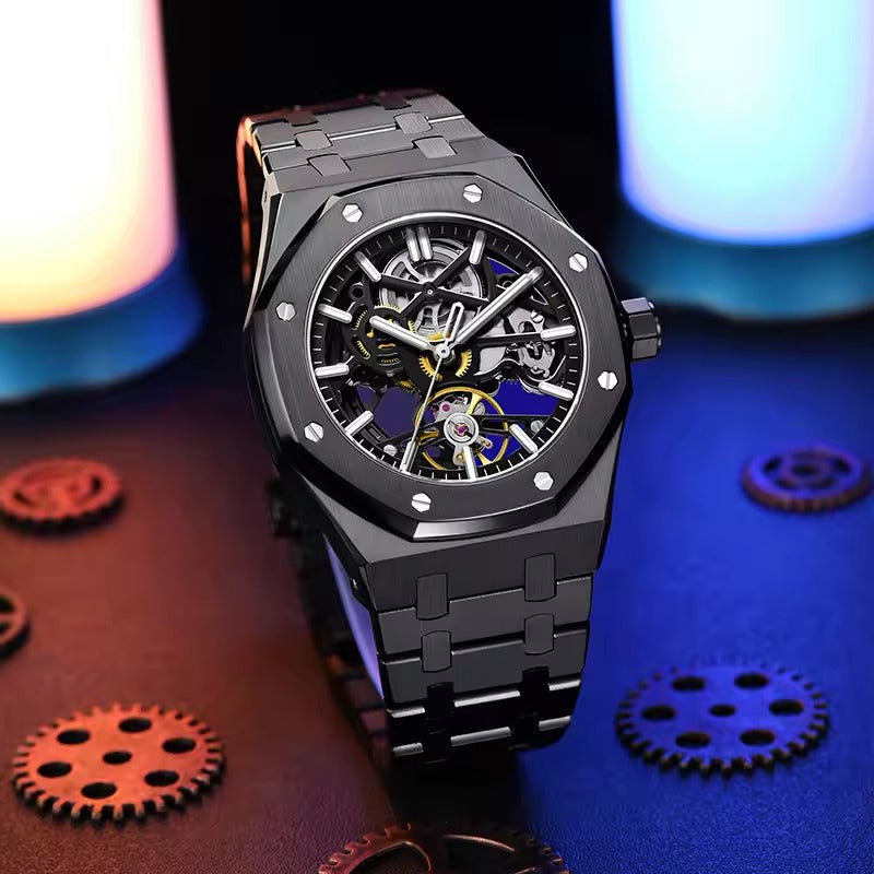 Reloj de lujo automático esqueleto para hombre, de acero inoxidable, luminoso, 30 m